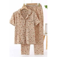 中老年妈妈短袖长裤翻领睡衣家居服套装复古碎花开衫透气