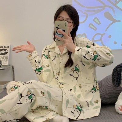 <!--帕恰狗睡衣女长袖春秋款开衫翻领简约套装ins风青少年家居服-->