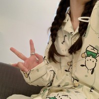 帕恰狗睡衣女长袖春秋款开衫翻领简约套装ins风青少年家居服