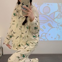 帕恰狗睡衣女长袖春秋款开衫翻领简约套装ins风青少年家居服