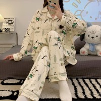 帕恰狗睡衣女长袖春秋款开衫翻领简约套装ins风青少年家居服