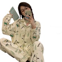 帕恰狗睡衣女长袖春秋款开衫翻领简约套装ins风青少年家居服