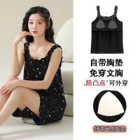 夏季薄款无袖睡衣女带胸垫可爱背心套装甜美女生家居服可外穿