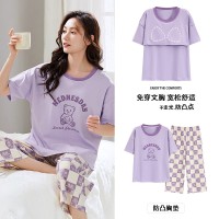 新款夏季睡衣女短袖七分裤带胸垫套装韩版学生甜美可爱卡通家居服