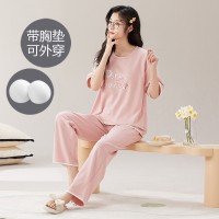 一体式带胸垫睡衣女夏季棉质短袖长裤韩版可爱休闲少女宽松家居服