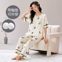 一体式带胸垫睡衣女夏季棉质短袖长裤韩版可爱休闲少女宽松家居服