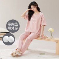 一体式带胸垫睡衣女夏季棉质短袖长裤韩版可爱休闲少女宽松家居服