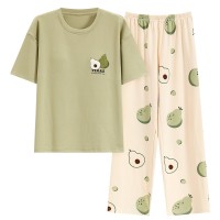一体式带胸垫睡衣女夏季棉质短袖长裤韩版可爱休闲少女宽松家居服
