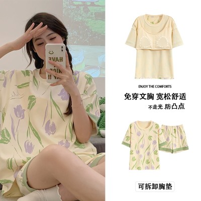 <!--带胸垫100%纯棉睡衣女夏季短袖短裤休闲可外穿免穿内衣家居服套装-->