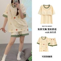带胸垫100%纯棉睡衣女夏季短袖短裤休闲可外穿免穿内衣家居服套装