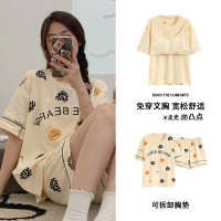 带胸垫100%纯棉睡衣女夏季短袖短裤休闲可外穿免穿内衣家居服套装