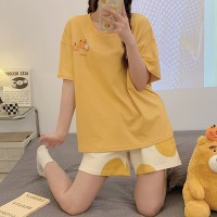 带胸垫100%纯棉睡衣女夏季短袖短裤休闲可外穿免穿内衣家居服套装