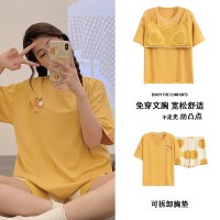 带胸垫100%纯棉睡衣女夏季短袖短裤休闲可外穿免穿内衣家居服套装