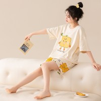 夏季纯棉短袖短裤睡衣女韩版卡通印花条纹薄款少女学生家居服套装