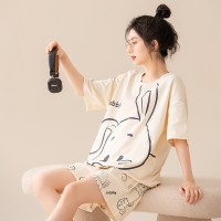 夏季纯棉短袖短裤睡衣女韩版卡通印花条纹薄款少女学生家居服套装