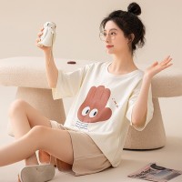 夏季纯棉短袖短裤睡衣女韩版卡通印花条纹薄款少女学生家居服套装