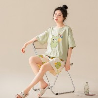 夏季纯棉短袖短裤睡衣女韩版卡通印花条纹薄款少女学生家居服套装