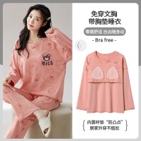【带胸垫】100%纯棉睡衣女新款长袖春秋款套头休闲家居服休闲套装