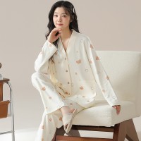 睡衣女春秋纯棉长袖V领薄款卡通可爱风春季可外穿家居服套装