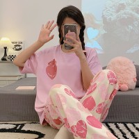 纯棉带胸垫女士睡衣可外穿夏季休闲宽松短袖长裤可外穿家居服套装
