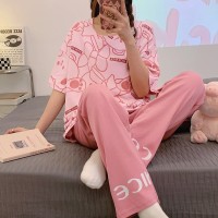 纯棉带胸垫女士睡衣可外穿夏季休闲宽松短袖长裤可外穿家居服套装