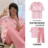 纯棉带胸垫女士睡衣可外穿夏季休闲宽松短袖长裤可外穿家居服套装