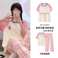 纯棉带胸垫女士睡衣可外穿夏季休闲宽松短袖长裤可外穿家居服套装