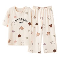 可爱睡衣女纯棉夏季短袖七分裤带胸垫家居服青少年学生休闲两件套