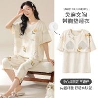 可爱睡衣女纯棉夏季短袖七分裤带胸垫家居服青少年学生休闲两件套
