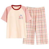夏季女士睡衣带胸垫短袖七分裤家居服套装凉爽透气免穿文胸可外穿