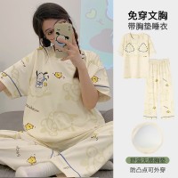 睡衣女带胸垫夏季短袖长裤薄款韩版甜美风卡通家居服套装可外穿