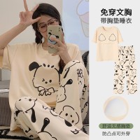 睡衣女带胸垫夏季短袖长裤薄款韩版甜美风卡通家居服套装可外穿