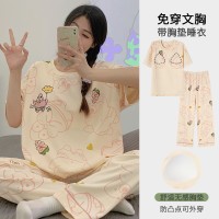 睡衣女带胸垫夏季短袖长裤薄款韩版甜美风卡通家居服套装可外穿