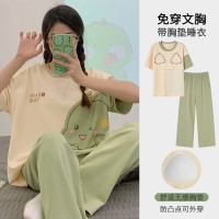 睡衣女带胸垫夏季短袖长裤薄款韩版甜美风卡通家居服套装可外穿