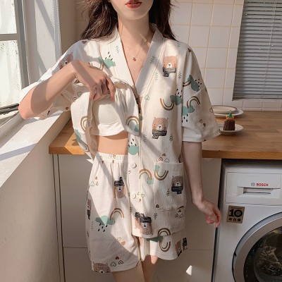 <!--新款睡衣女夏季短袖短裤带胸垫开衫套装简约宽松大码家居服可外穿-->