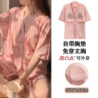 新款睡衣女夏季短袖短裤带胸垫开衫套装简约宽松大码家居服可外穿