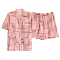 新款睡衣女夏季短袖短裤带胸垫开衫套装简约宽松大码家居服可外穿