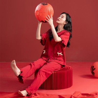 <!--睡衣女夏季纯棉短袖长裤半袖女士红色本命年春秋款韩范家居服套装-->
