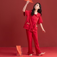 睡衣女夏季纯棉短袖长裤半袖女士红色本命年春秋款韩范家居服套装