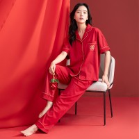 睡衣女夏季纯棉短袖长裤半袖女士红色本命年春秋款韩范家居服套装