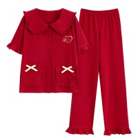 睡衣女夏季纯棉短袖长裤半袖女士红色本命年春秋款韩范家居服套装