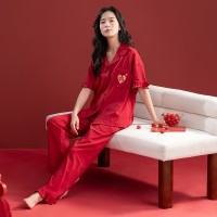 睡衣女夏季纯棉短袖长裤半袖女士红色本命年春秋款韩范家居服套装
