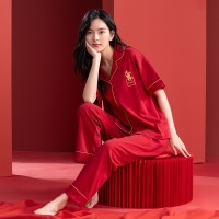 睡衣女夏季纯棉短袖长裤半袖女士红色本命年春秋款韩范家居服套装