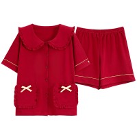 睡衣女夏季纯棉短袖女士夏款红色本命年春秋款婉雅家居服套装夏天