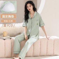 睡衣女夏季莫代尔短袖长裤甜美两件套装可穿舒适薄款家居服带胸垫