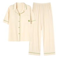睡衣女夏季莫代尔短袖长裤甜美两件套装可穿舒适薄款家居服带胸垫