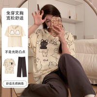 夏季新款带胸垫卡通睡衣女短袖长裤可外穿薄款女士甜美可爱家居服