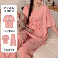 夏季新款带胸垫卡通睡衣女短袖长裤可外穿薄款女士甜美可爱家居服