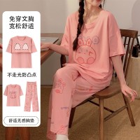 夏季新款带胸垫卡通睡衣女短袖长裤可外穿薄款女士甜美可爱家居服