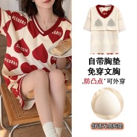带胸垫睡衣夏季仿棉拉架短袖短裤甜美可爱睡衣女家居服可外穿套装